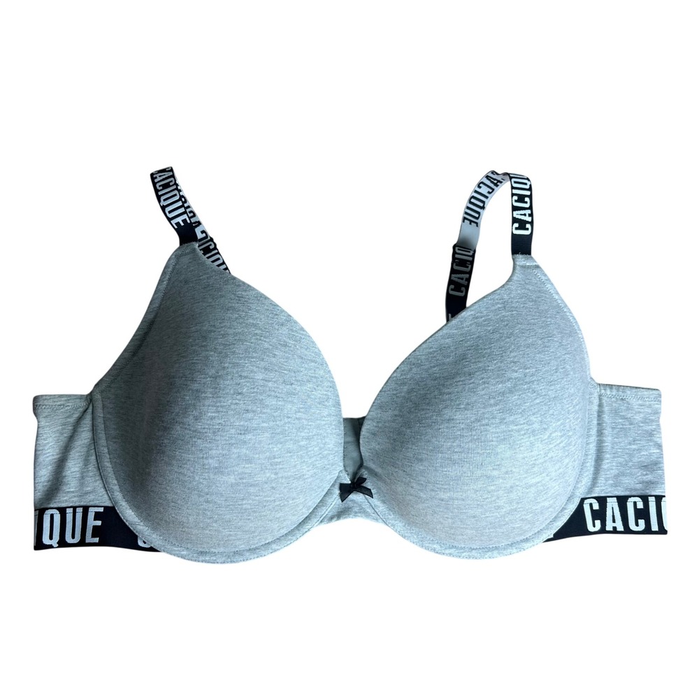 Cacique Boost Plunge Bra Size 46D Gray Black Logo Strap Underwire Padded